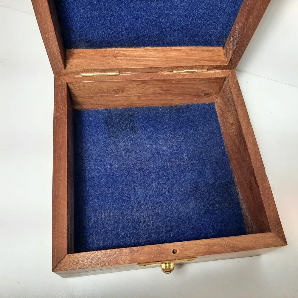 Nautical Wood Hinged Inlaid Brass Anchor Trinket Box Ocean Beach 4.75 x 4.75